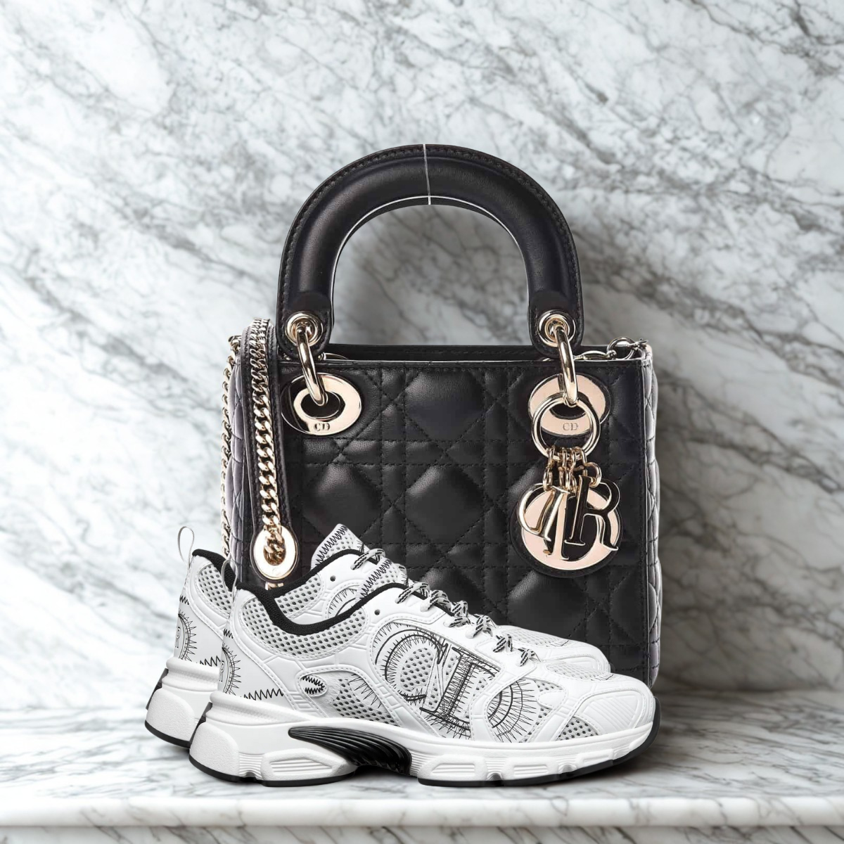 Dior – Set: Mini Lady Dior-tas in zwart & Chrono-sneaker