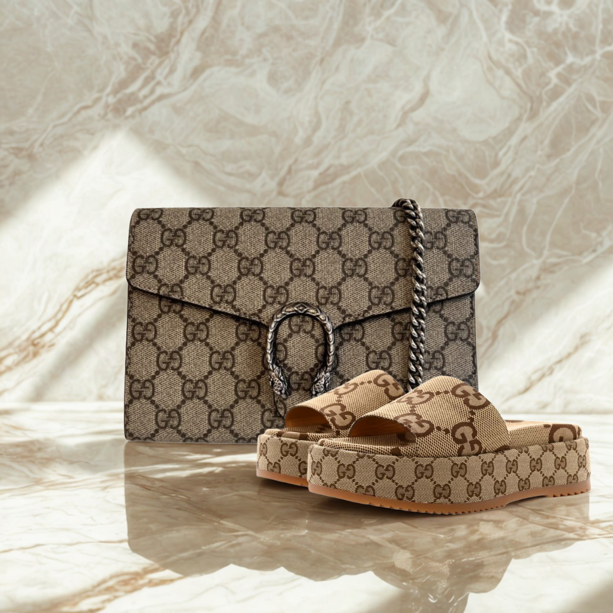 Gucci – Dionysus Mini Bag & Angelina Flat Sandal Set – Beige Monogram
