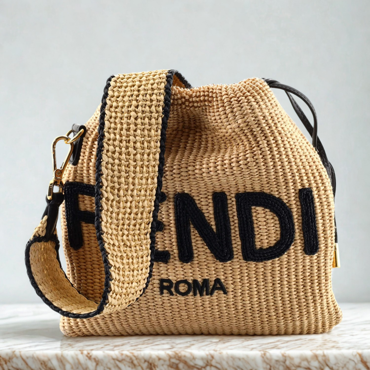 Fendi – Sack Small Gevlochten Stro Tas in Beige