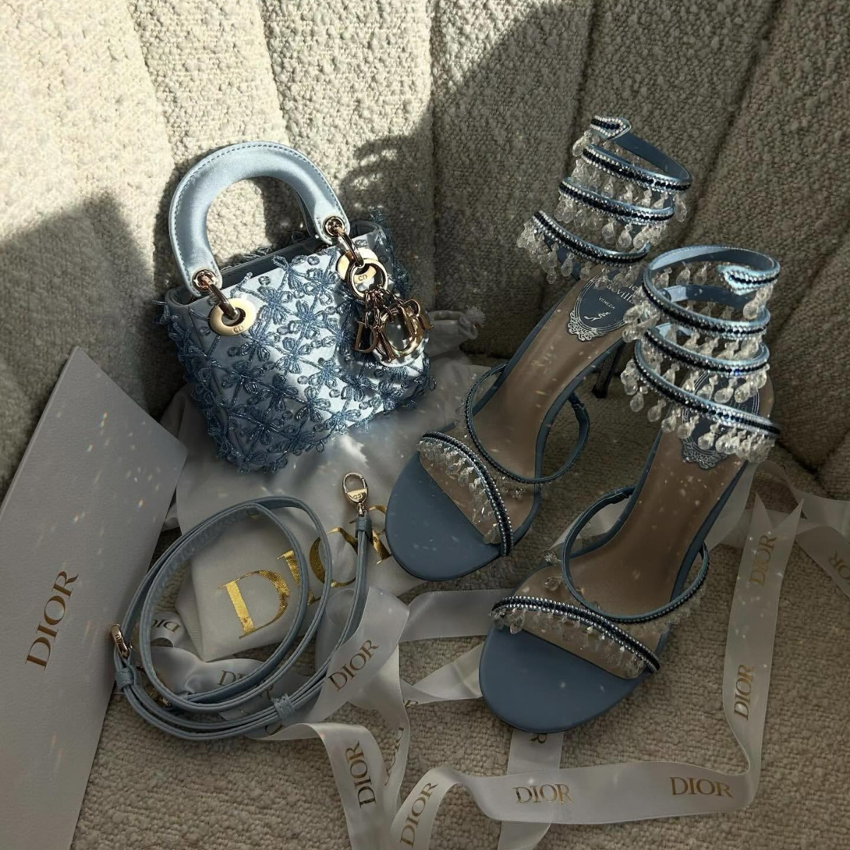 Dior Set – Lady Dior Micro Blue & René Caovilla Crystal Sandals