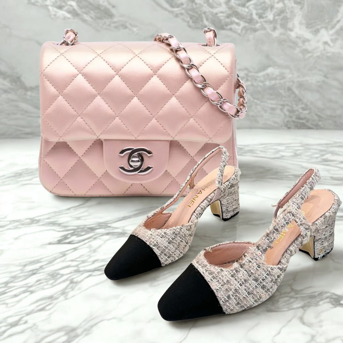 Chanel Mini Flap Roze & Slingback Tweed Set