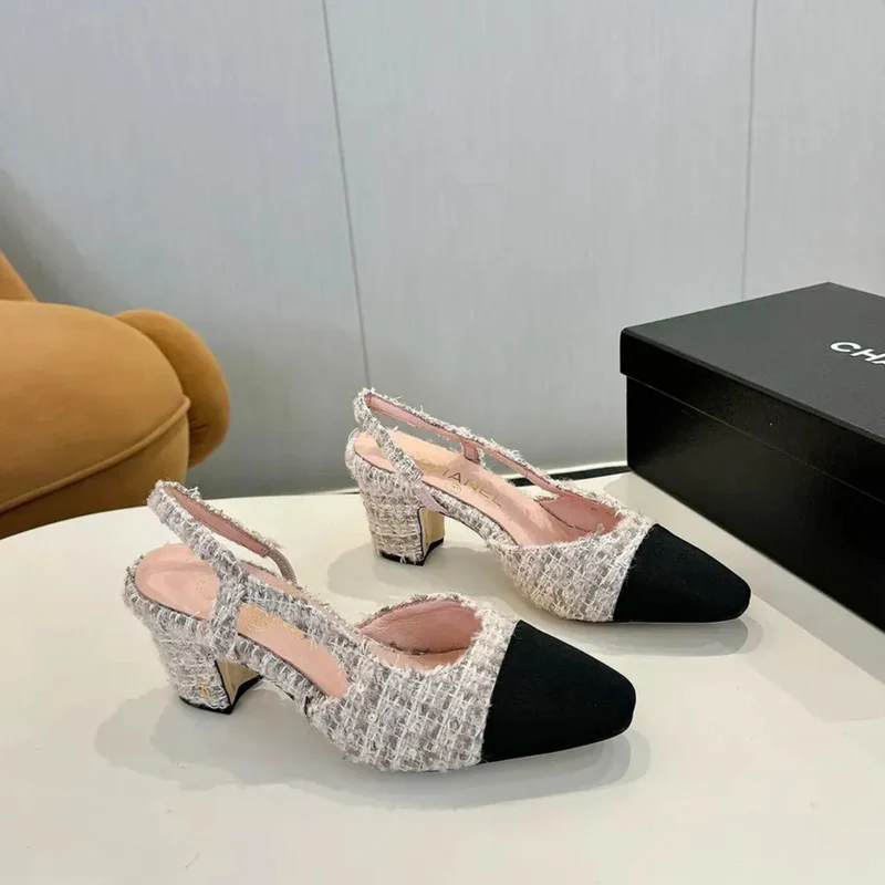 Chanel Slingback Tweed Roze/Wit met Zwarte Cap Toe