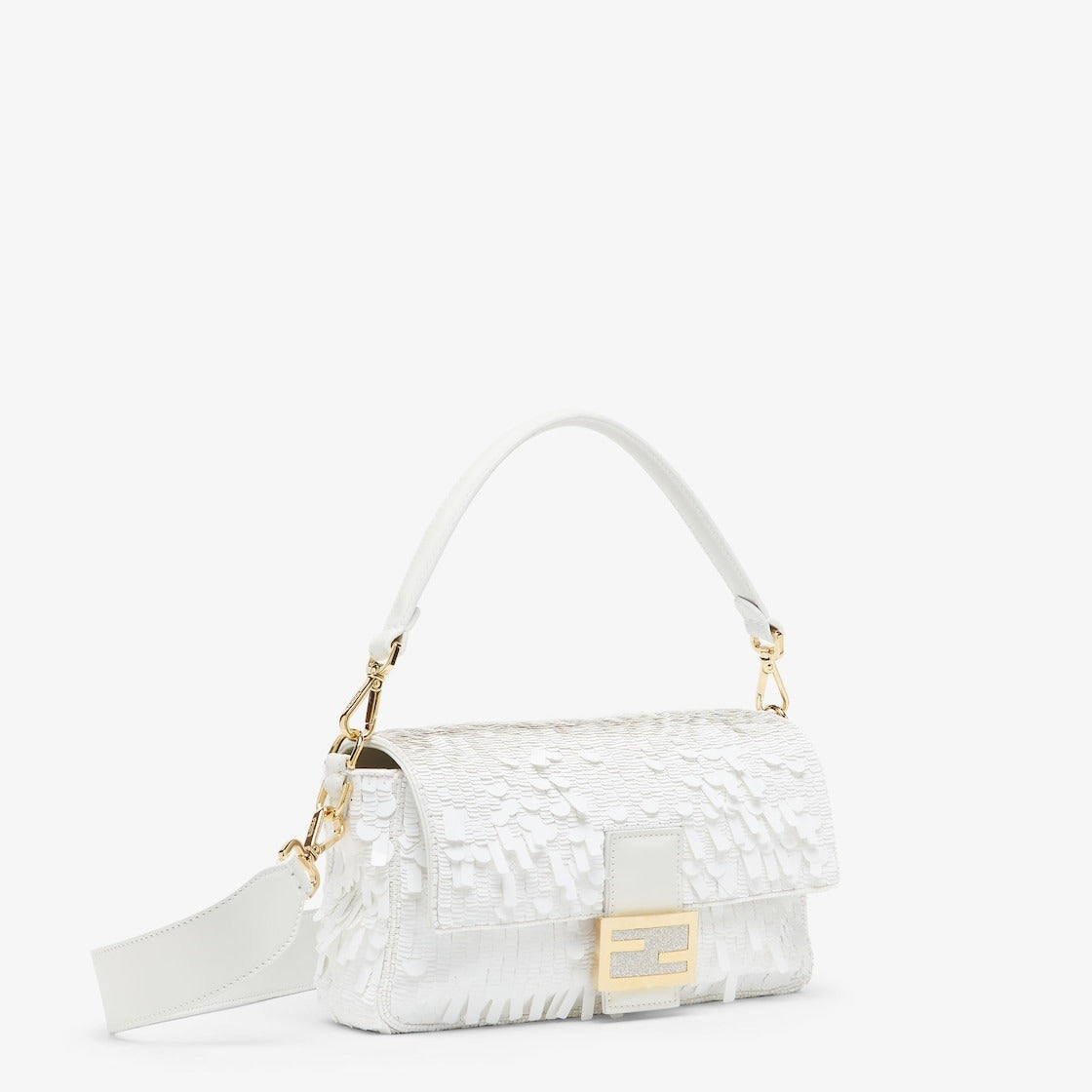 Fendi – Baguette Tas in Wit Leer met Pailletten