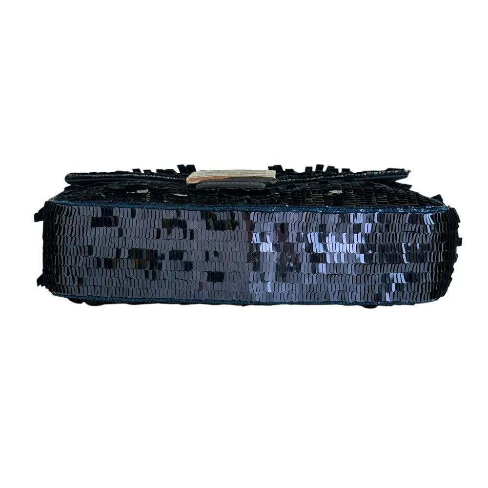 Fendi – Baguette Tas in Blauw Leer met Pailletten