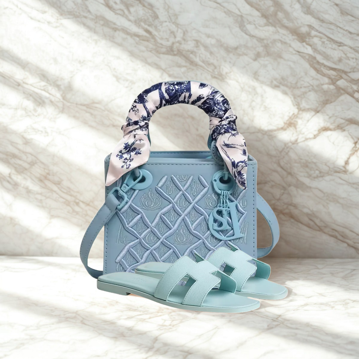 Hermès & Dior Set – Oran Light Blue Sandalen & Lady Dior D-Lite Blue-tas