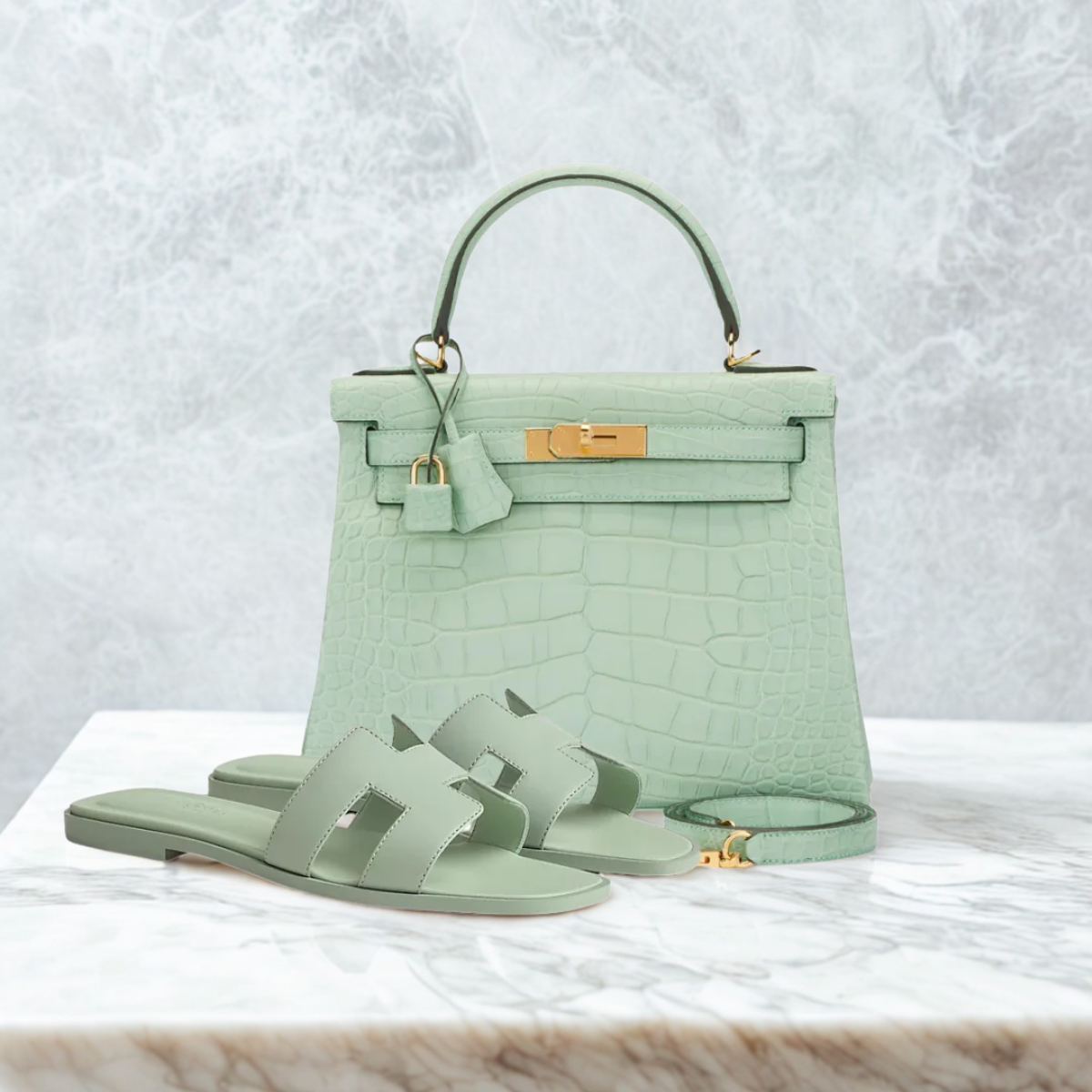 Hermès Set – Kelly 28 Vert d’Eau Alligator Limited Edition & Oran Sandalen Groen