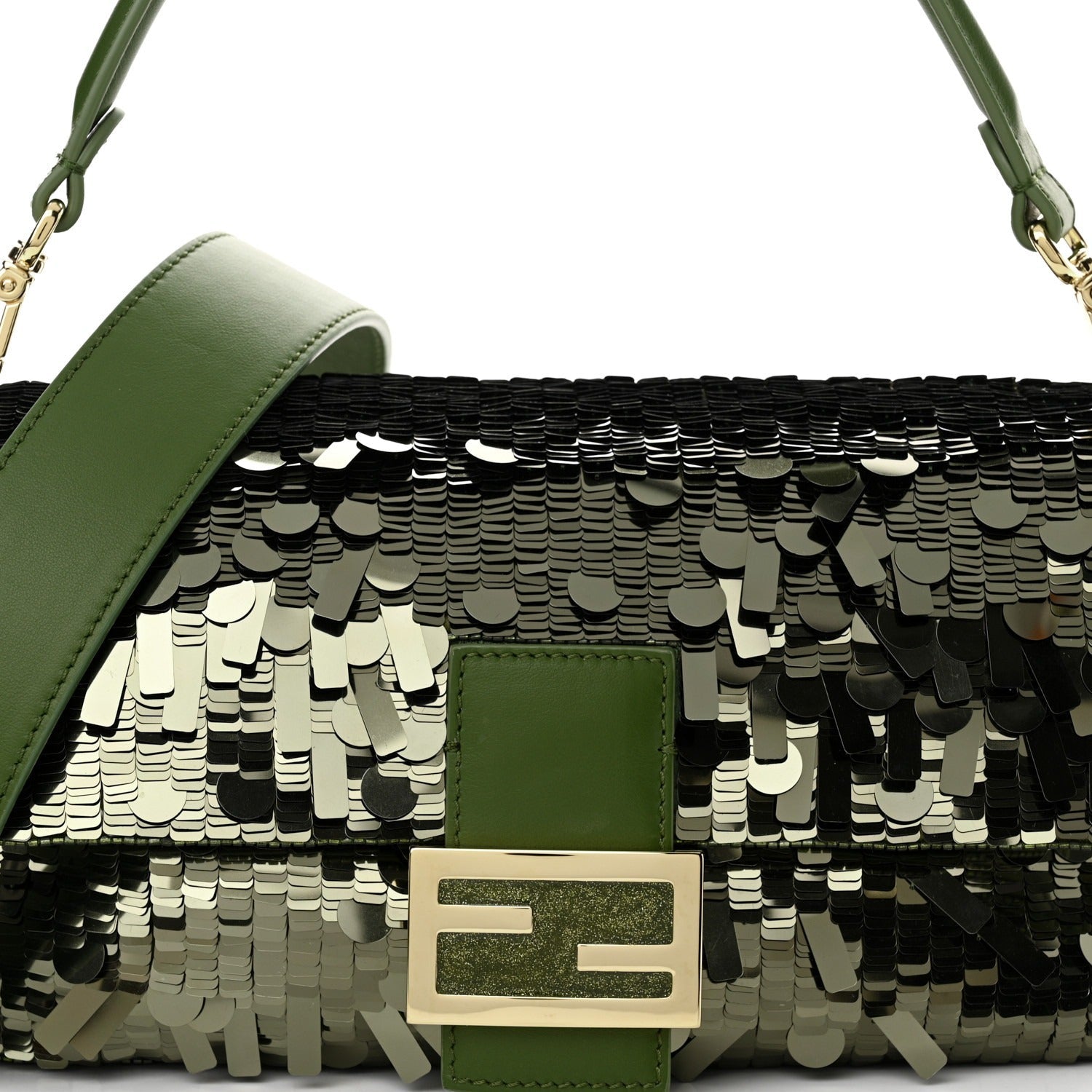 Fendi – Baguette Tas in Groen Leer met Pailletten