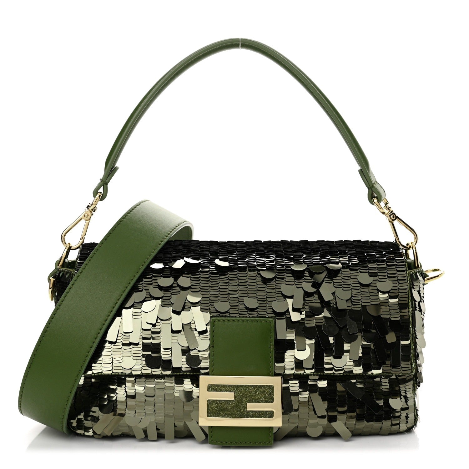 Fendi – Baguette Tas in Groen Leer met Pailletten
