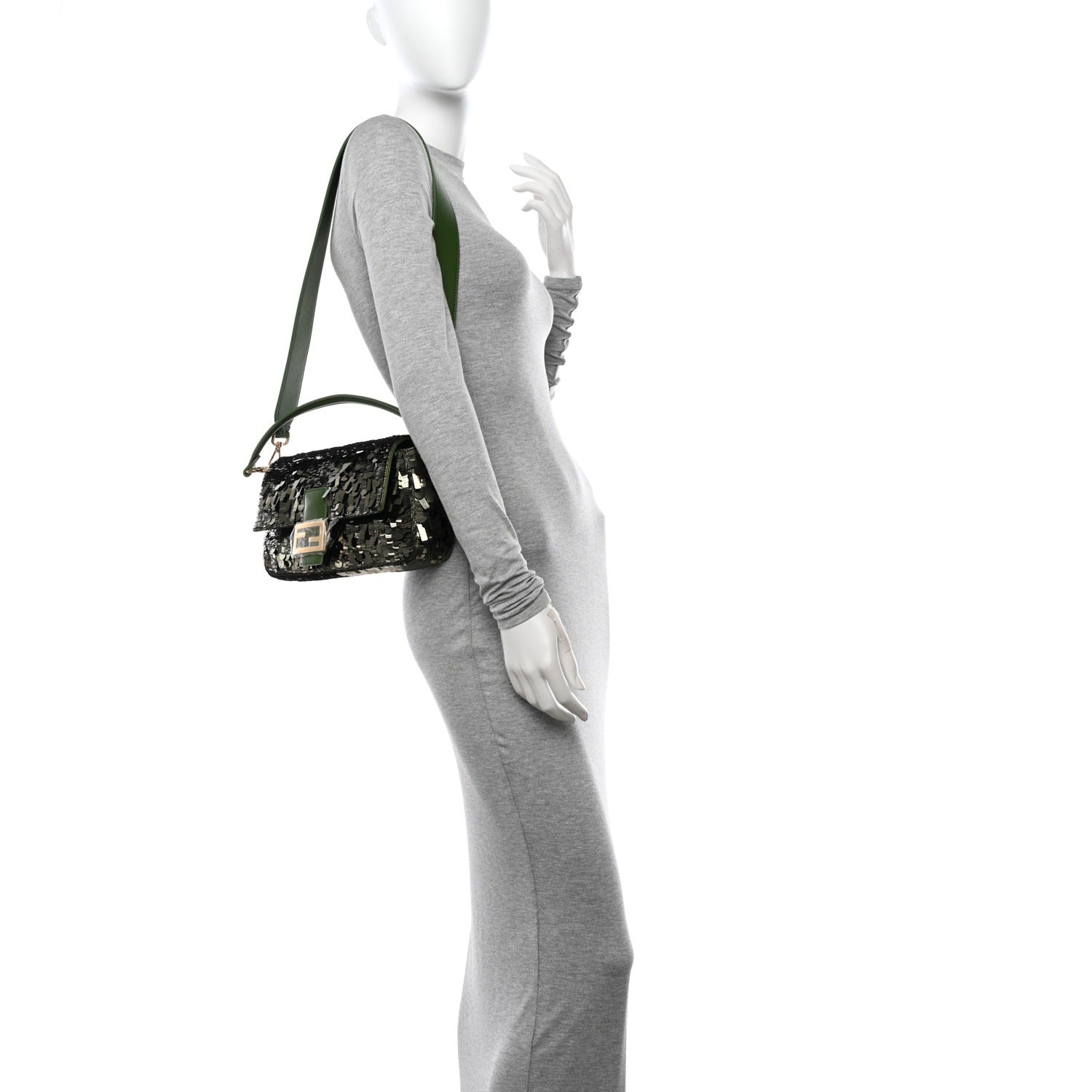 Fendi – Baguette Tas in Groen Leer met Pailletten