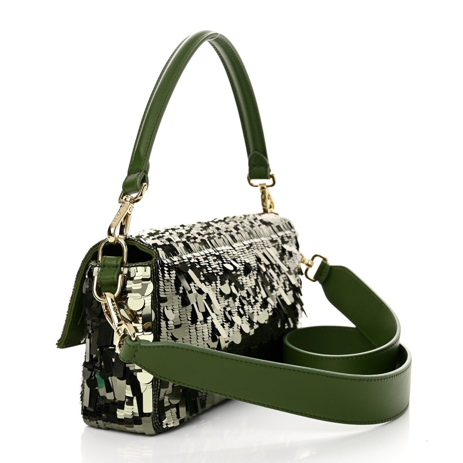 Fendi – Baguette Tas in Groen Leer met Pailletten